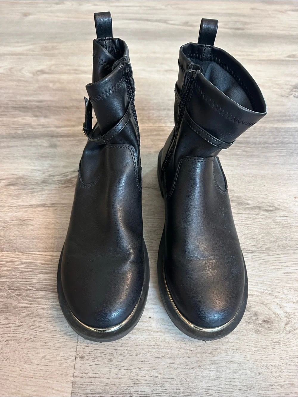 Zara Black Ankle Boots Size 35 Buckle Strap Gold Trim Moto Booties - Picture 3 of 12
